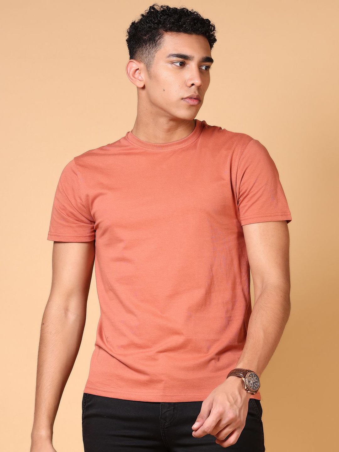 

V-Mart Men Solid Round Neck Cotton T-shirt, Coral