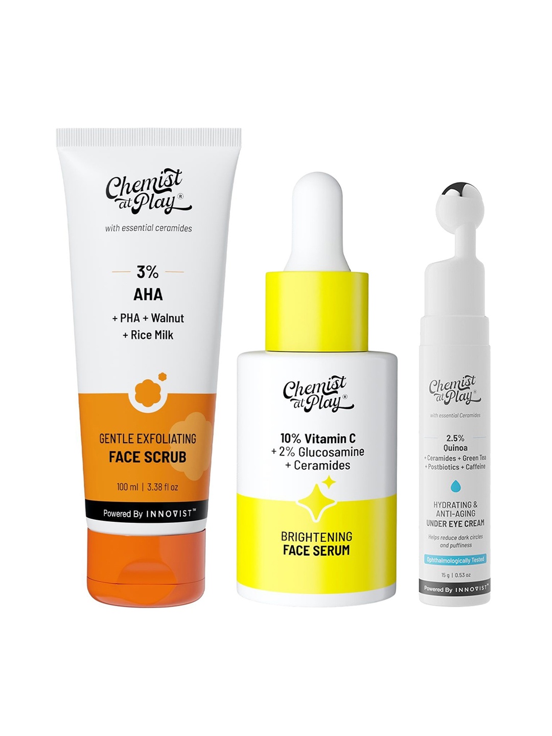 

Chemist at Play Under Eye Cream - 15g, Face Serum - 30ml & Exfoliating Face Scrub - 100ml, Yellow