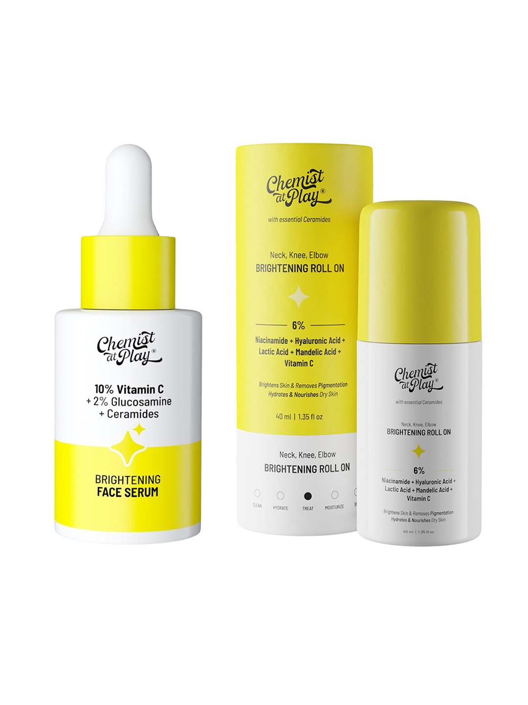 

Chemist at Play Vitamin C Face Serum - 30ml & Neck Knee & Elbow Brightening Roll On - 40ml, Yellow