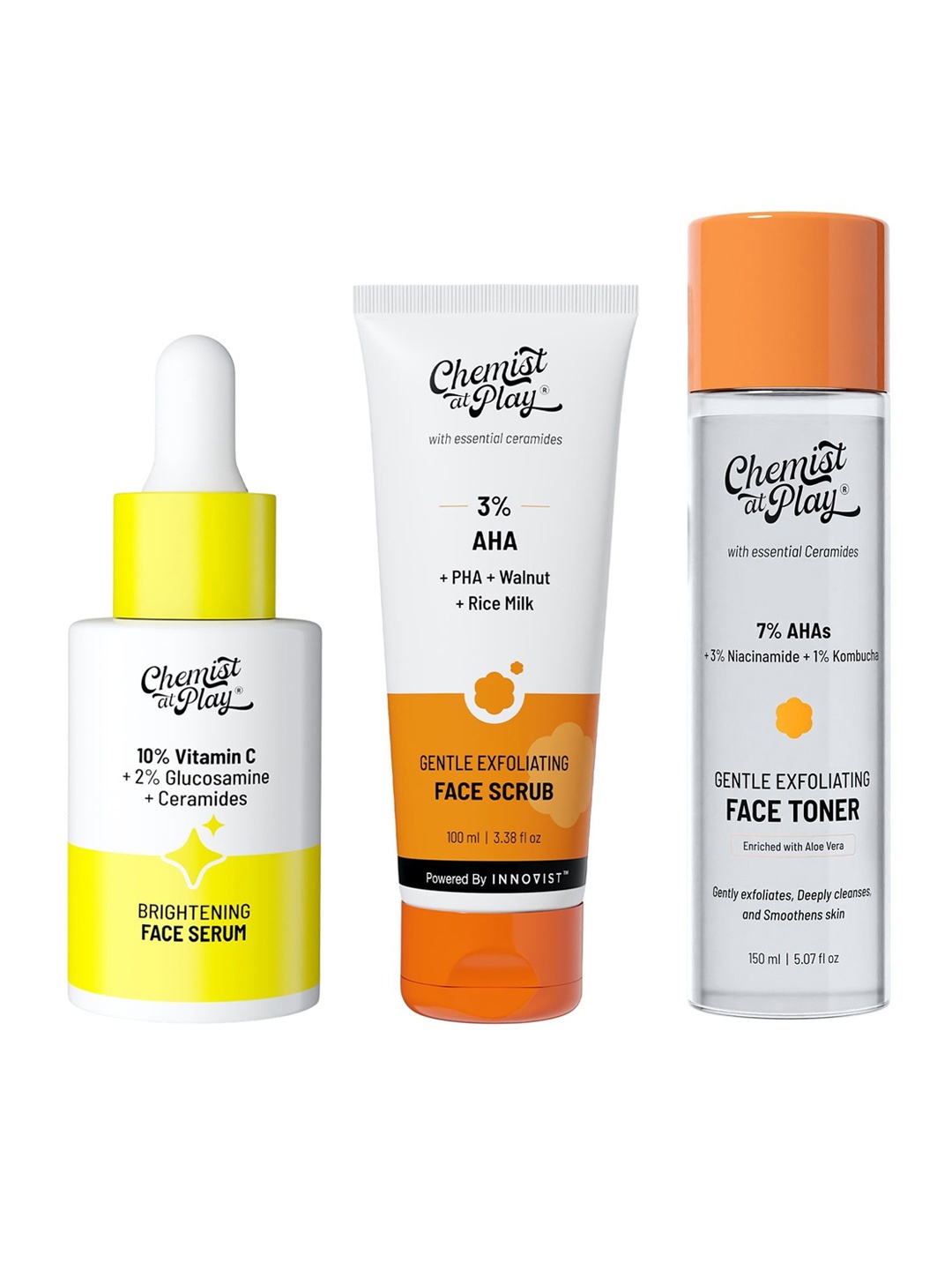 

Chemist at Play Face Serum - 30ml, Exfoliating Face Toner - 150ml & Face Scrub - 100ml, Yellow