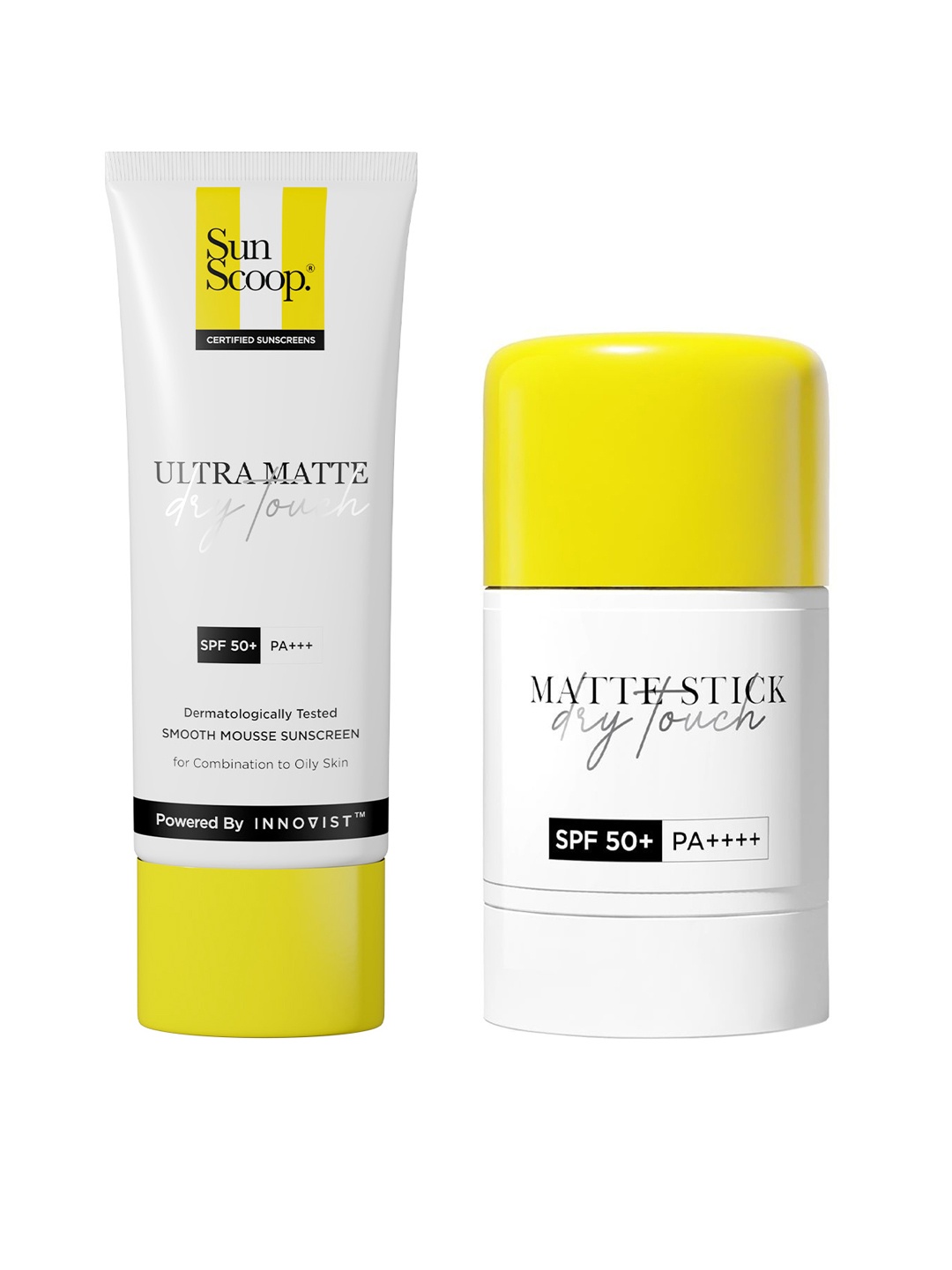 

SunScoop Set of 2 Dry Touch SPF50+ Sunscreen - Ultra Matte 45g & Matte Stick 18g, Yellow