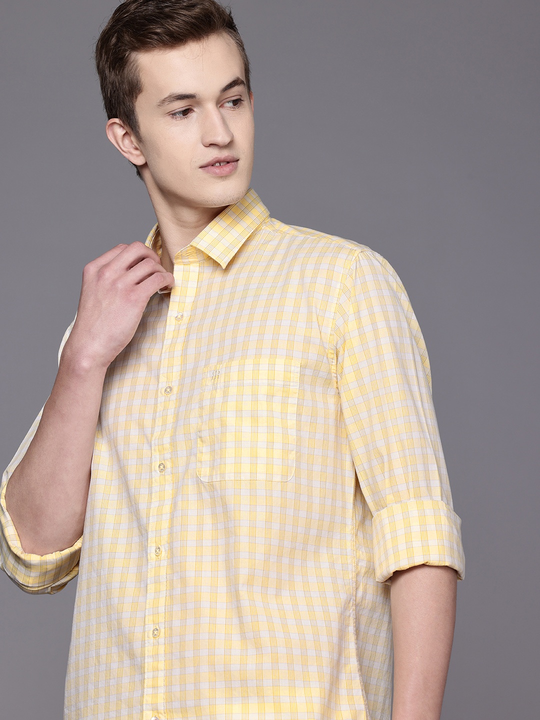 

Raymond Pure Cotton Slim Fit Checked Casual Shirt, Yellow