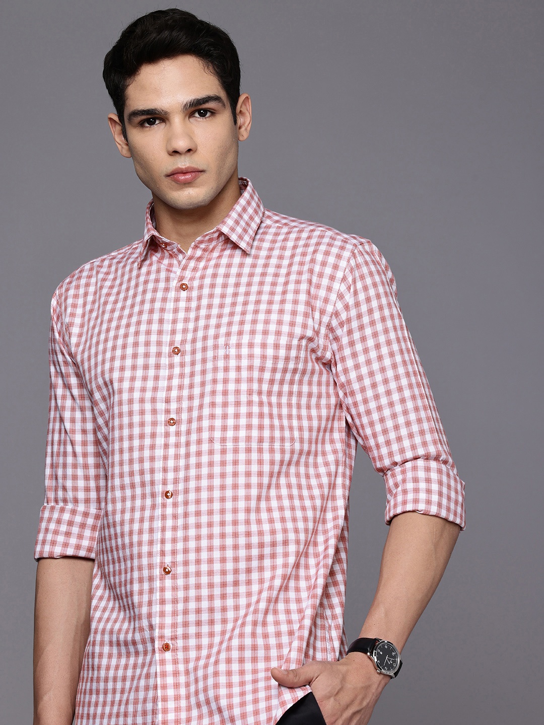 

Raymond Pure Cotton Slim Fit Checked Casual Shirt, Red