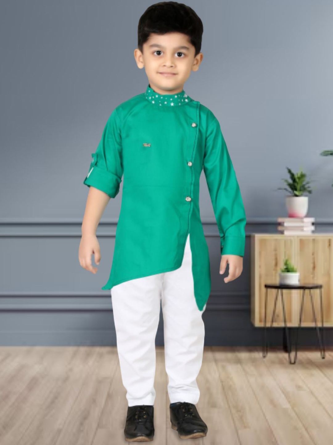 

BAESD Boys Band Collar Straight Kurta With Pyjamas, Green