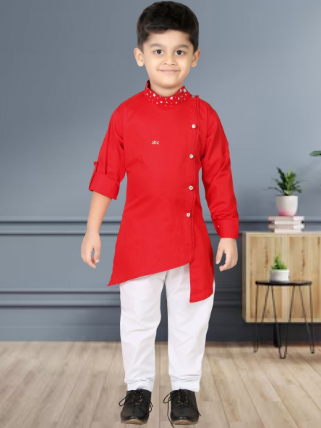 

BAESD Boys Round Neck Straight Kurta With Pyjamas, Red