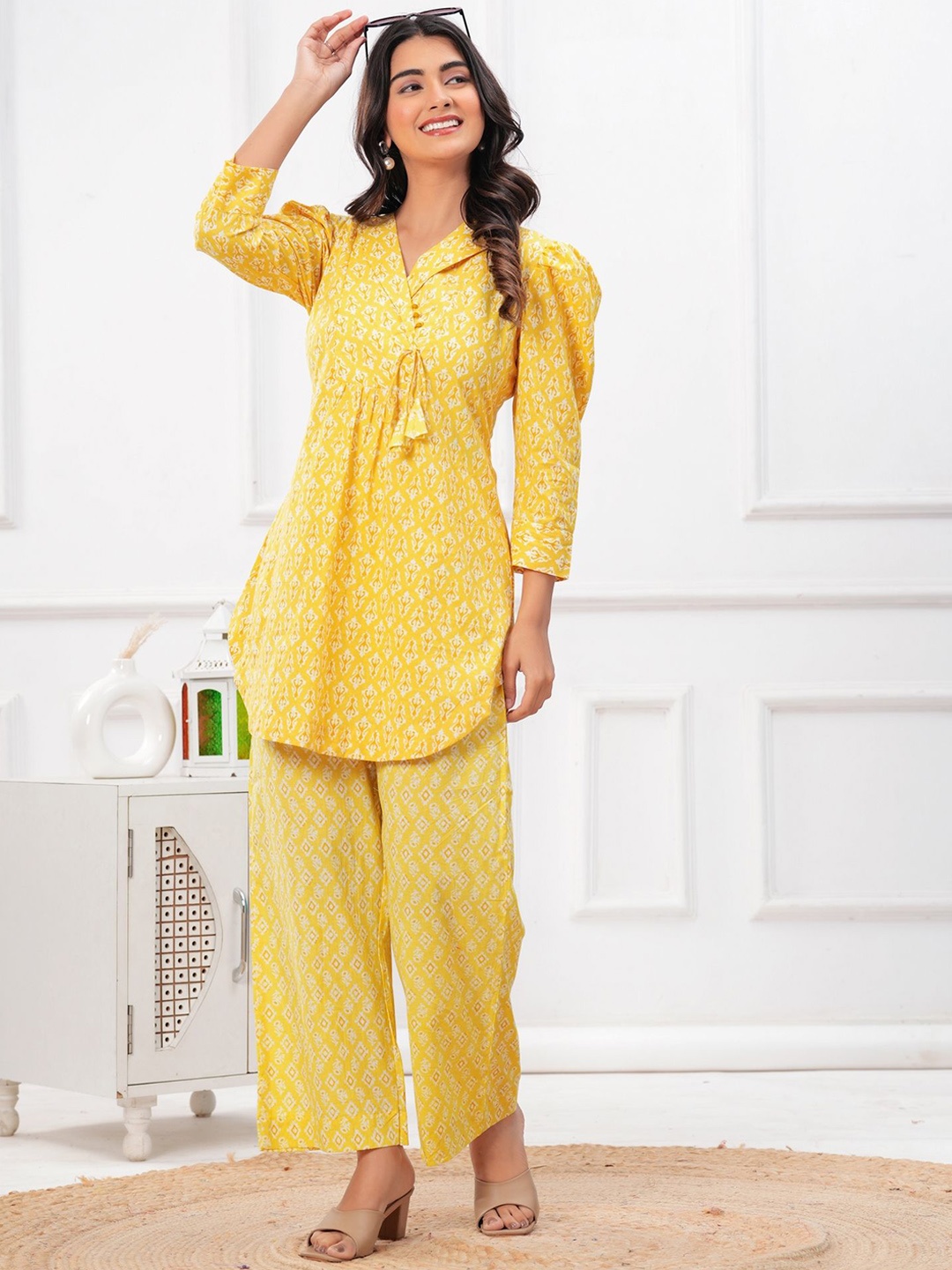 

KALINI Floral Printed Angrakha Style V Neck Pure Cotton Tunic & Trousers, Yellow