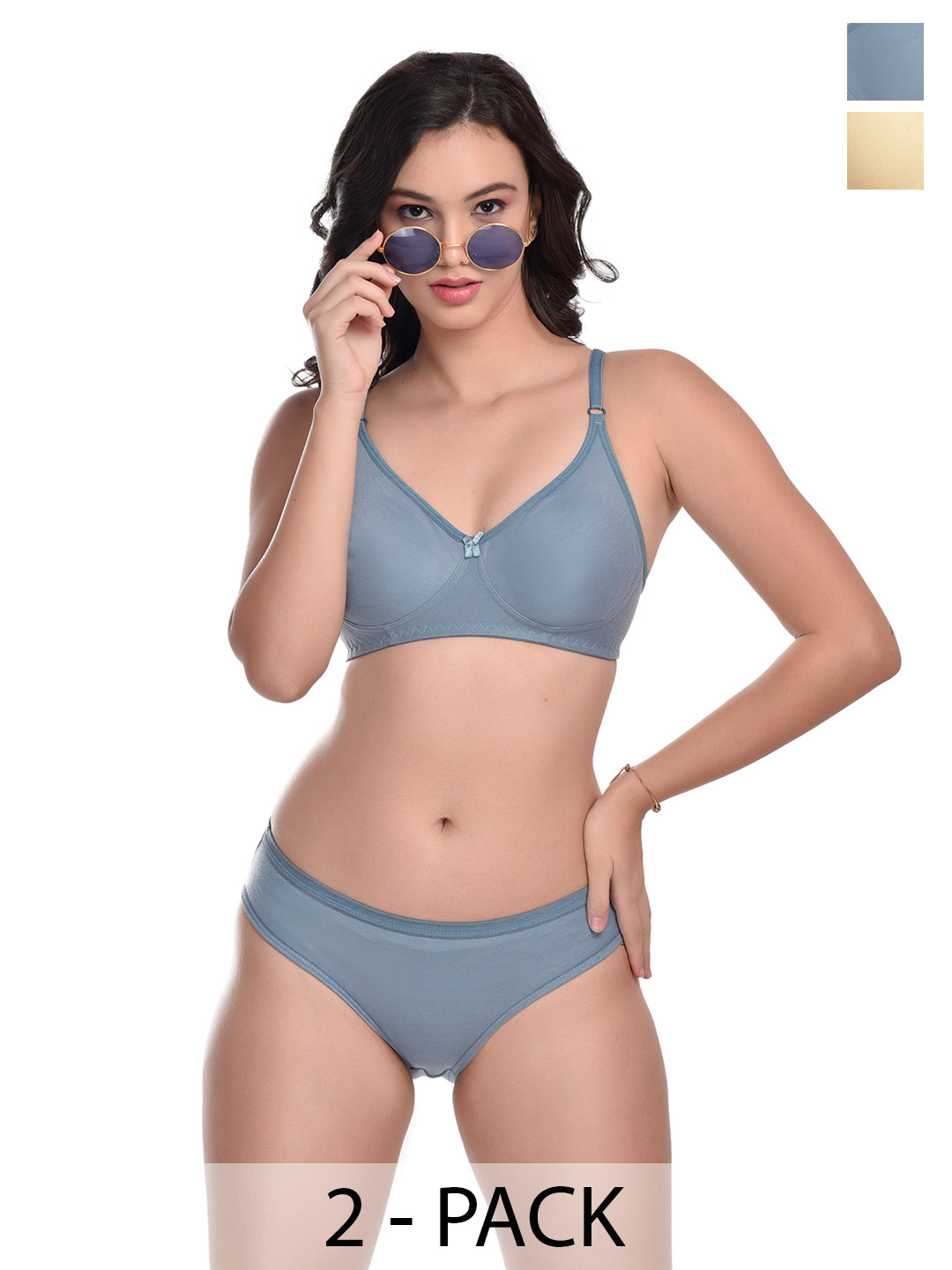 

MiEstilo Pack of 2 Cotton Non-Padded T-Shirt Bra & Hipster Panty Briefs Lingerie Set, Blue