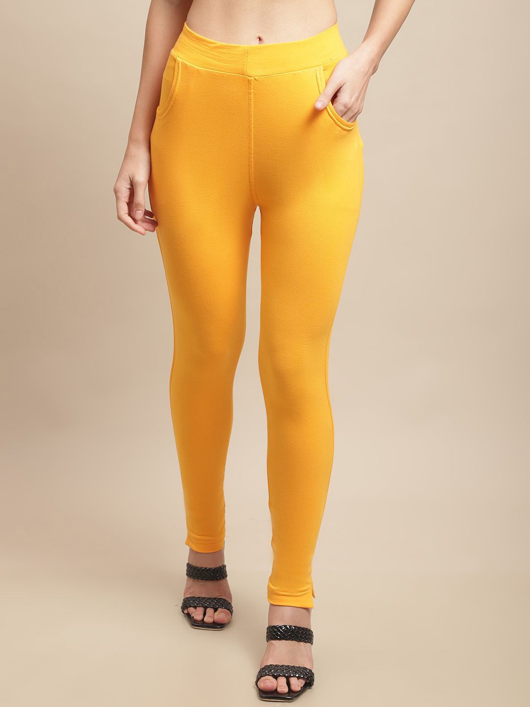 

Valles365 by S.C. Ankle Length Plus Cotton Legging with Pockets, Yellow