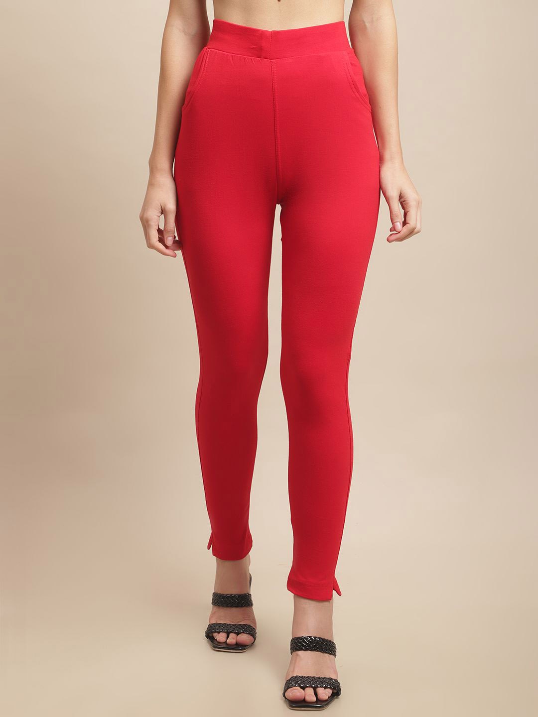 

Valles365 by S.C. Women Cotton Ankle-Length Leggings With Pockets, Red