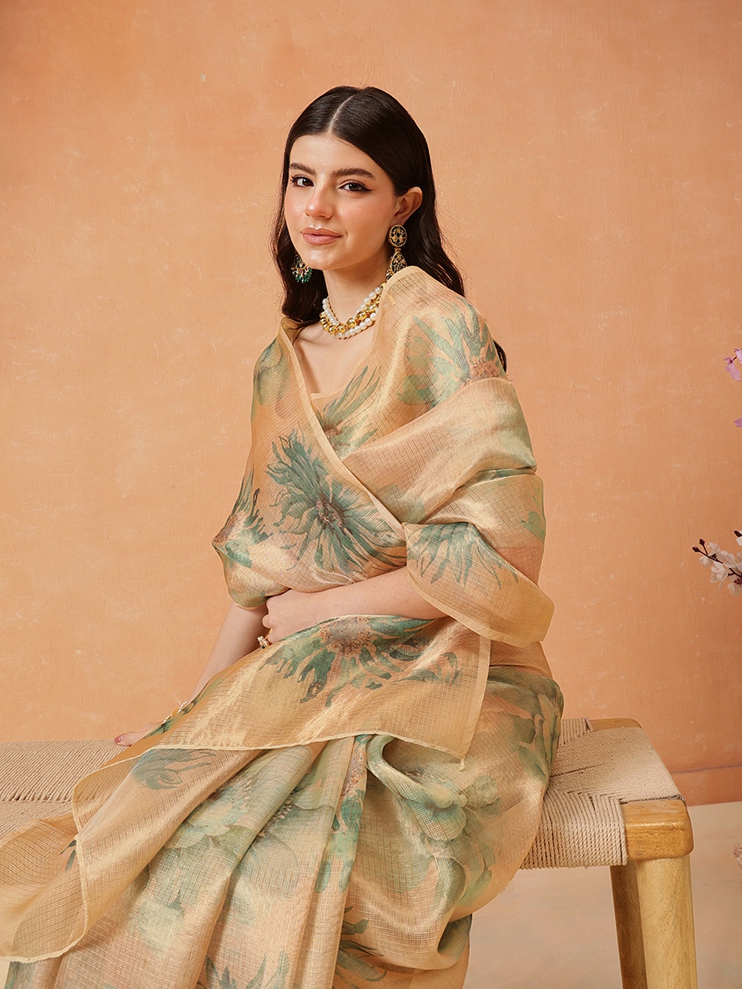 

Silk Land Digital Print Floral Tissue Muga Silk Saree, Beige