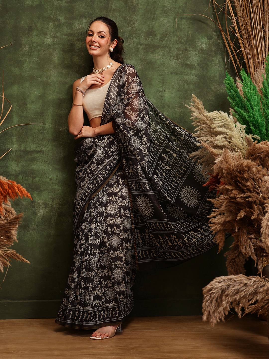 

Silk Land Warli Chanderi Cotton Digital Print Saree, Black