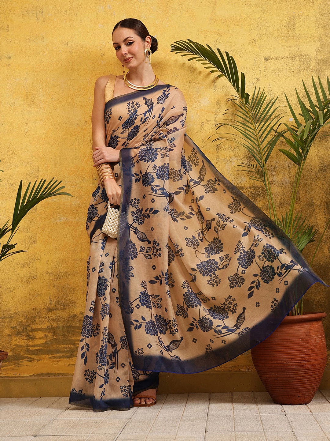

Silk Land Floral Printed Ready to Wear Saree, Beige