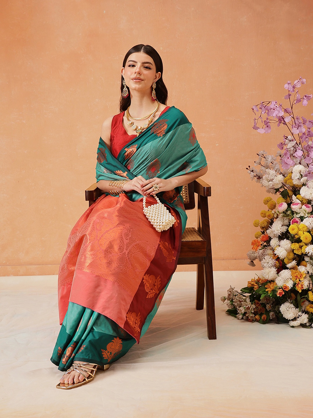 

Silk Land Banarasi Soft Silk Copper Zari Woven Saree, Turquoise blue