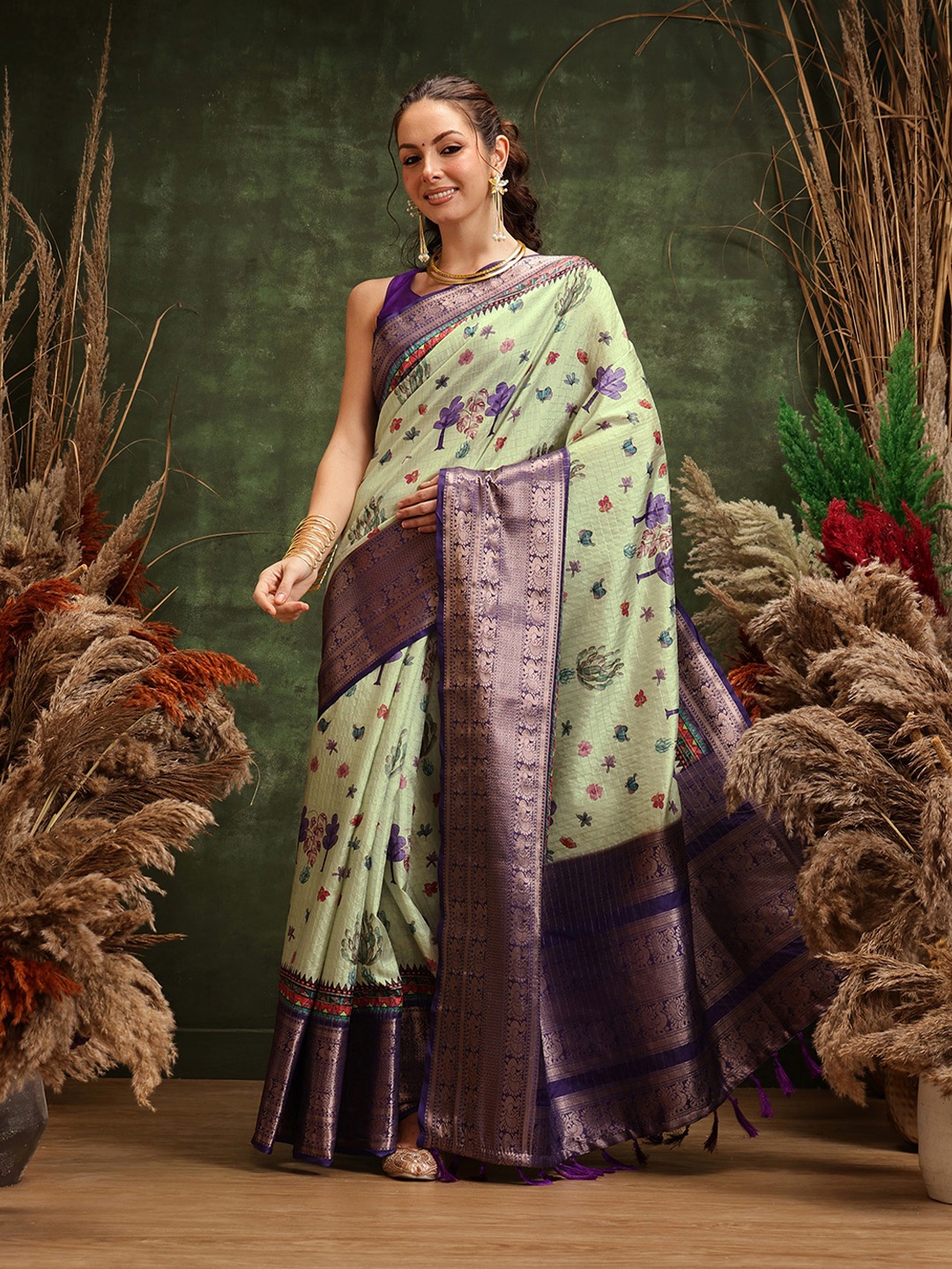 

Silk Land Floral Kanjeewaram Design Silk Digital Print saree, Olive