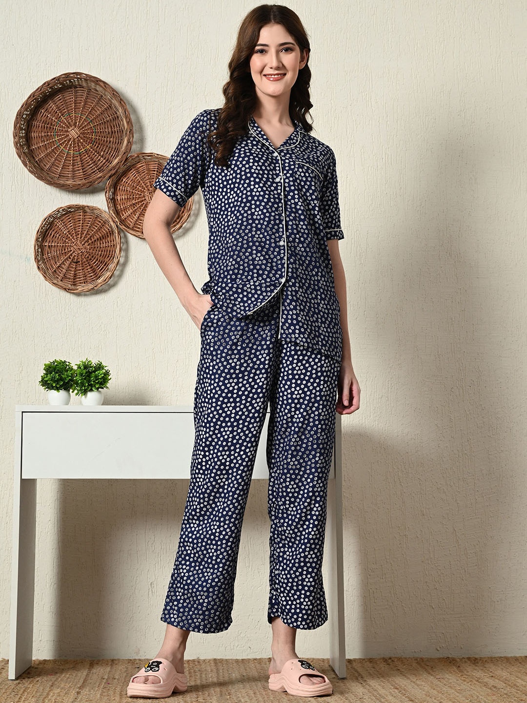 

Dreambe Women Printed Pure Cotton Night suit, Blue