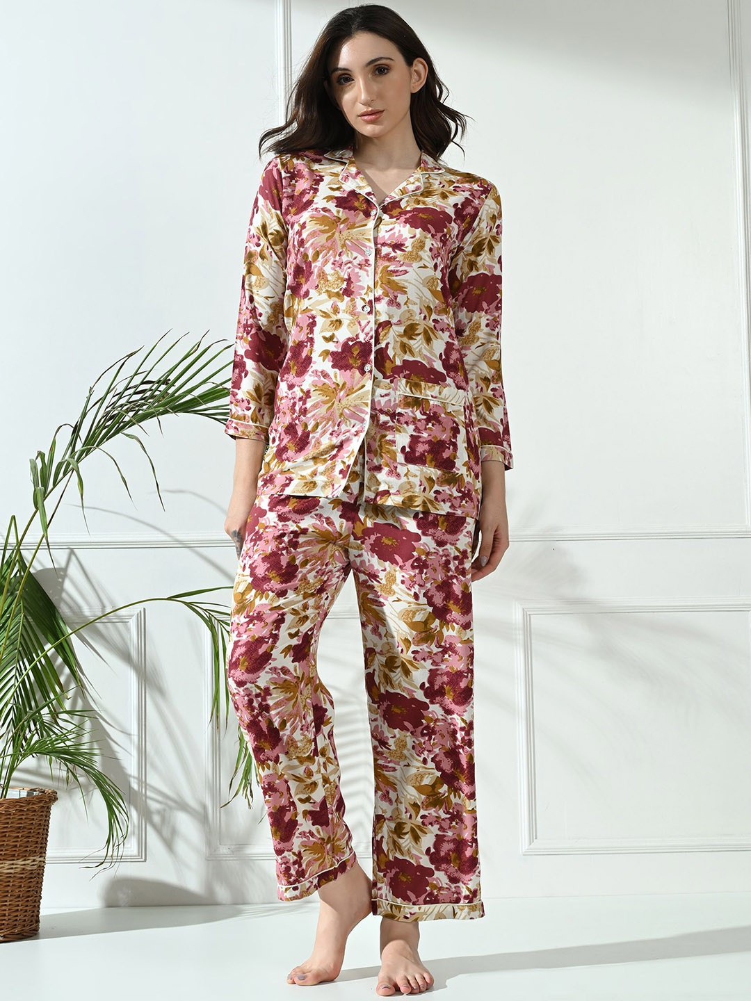 

Dreambe Women Floral Printed Pure Cotton Night suit, Red