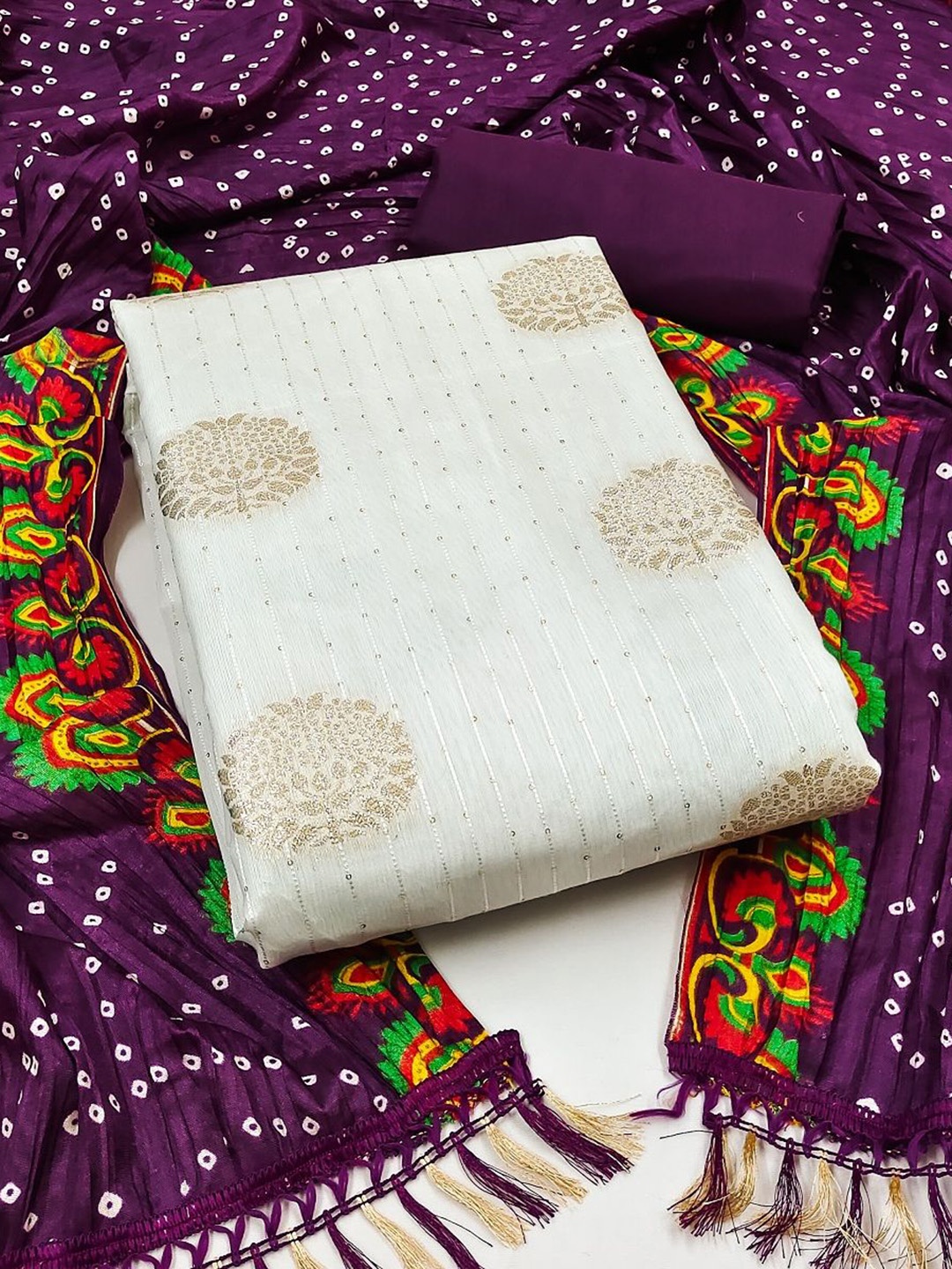 

A TO Z CART Ethnic Motifs Embroidered Jacquard Pure Silk Unstitched Dress Material, Purple