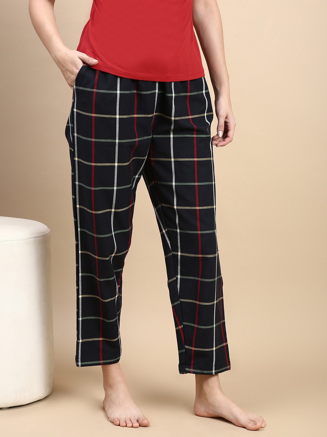 

Kryptic Women Checked Cotton Relaxed Fit Loungepant, Black