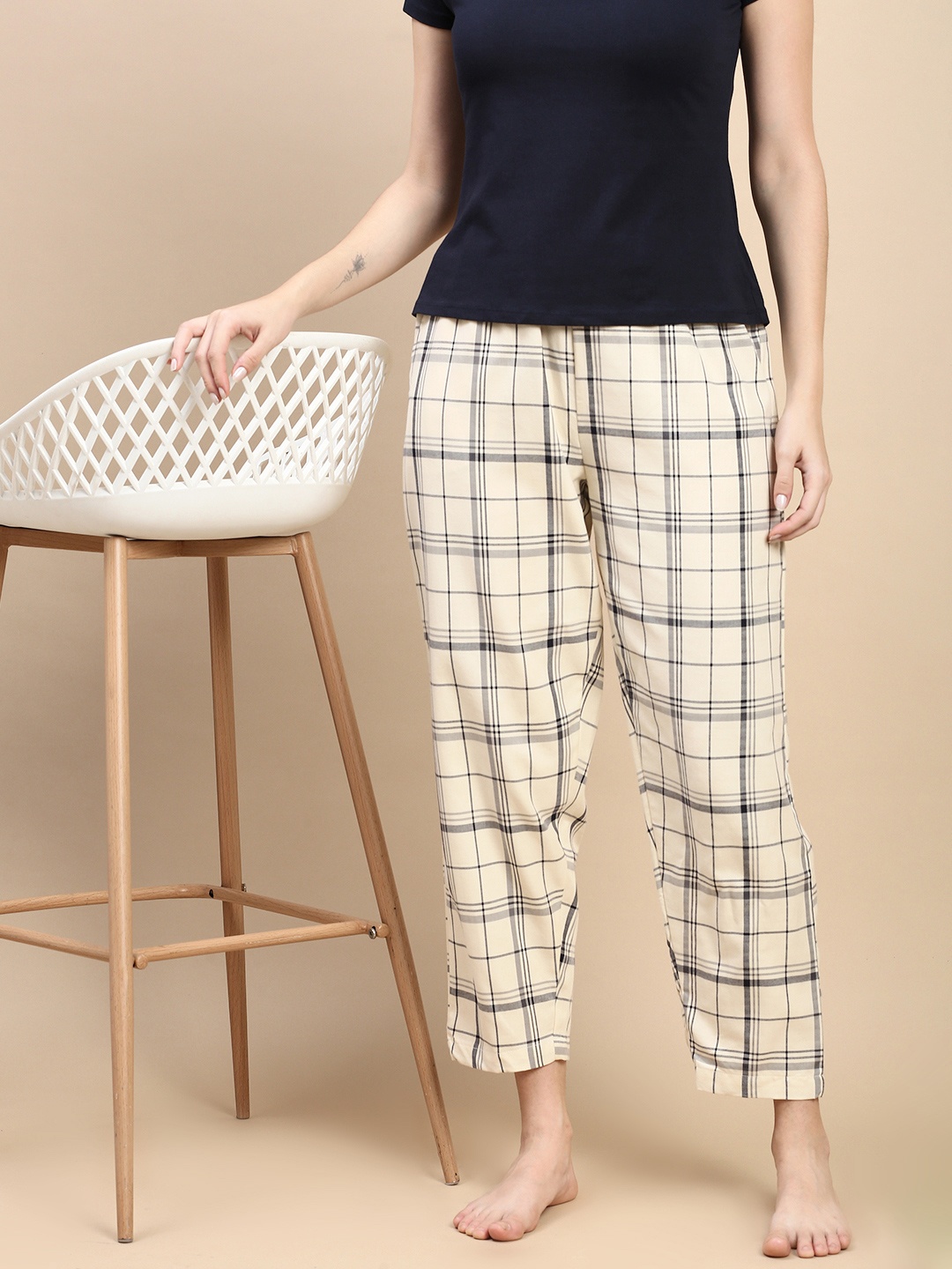 

Kryptic Women Checked Cotton Relaxed Fit Loungepant, Cream