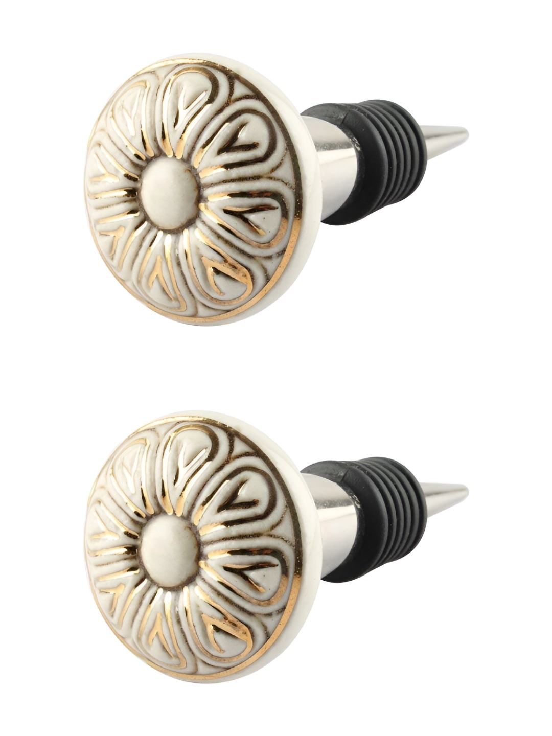 

Indianshelf Gold Toned & Black 2 Pieces Flower Textured Ceramic Wine Bottle Stoppers