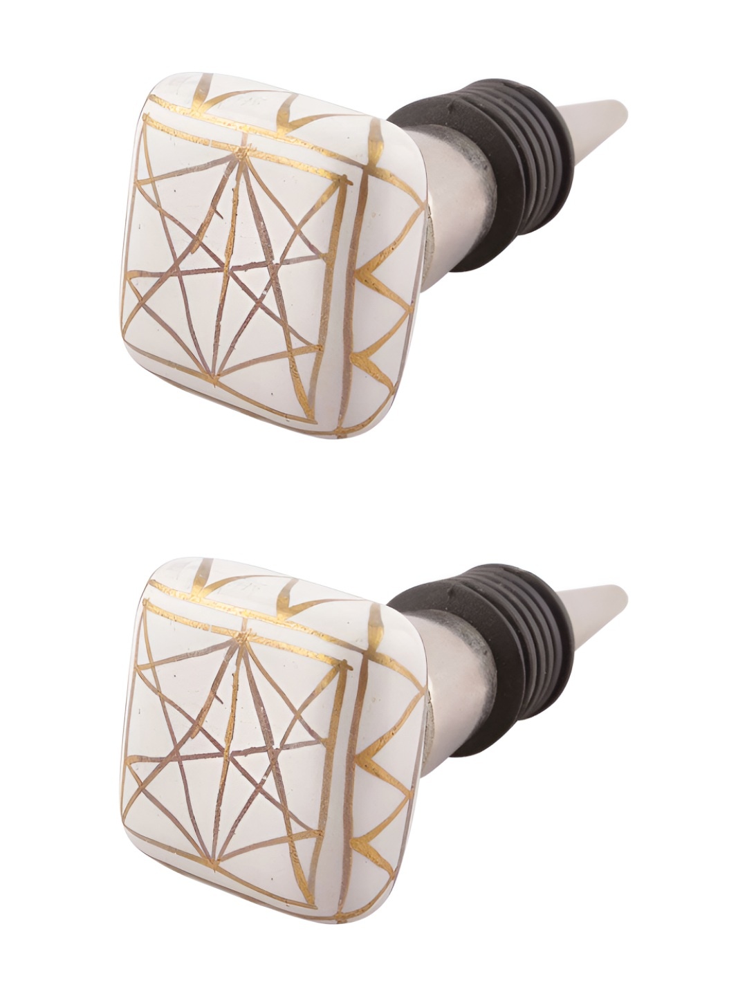 

Indianshelf Gold Toned & White 2 Pieces Printed Ceramic Wine Bottle Stoppers