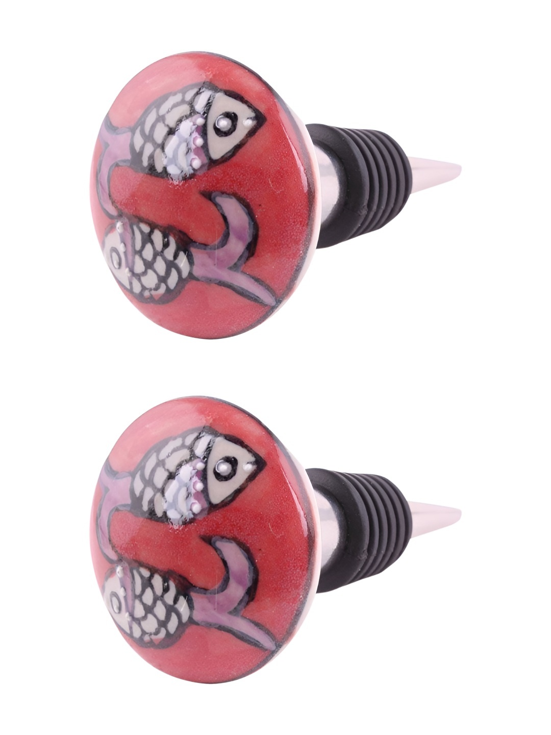 

Indianshelf Red and White 2 Pieces Peach Fish Printed Ceramic Wine Bottle Stoppers