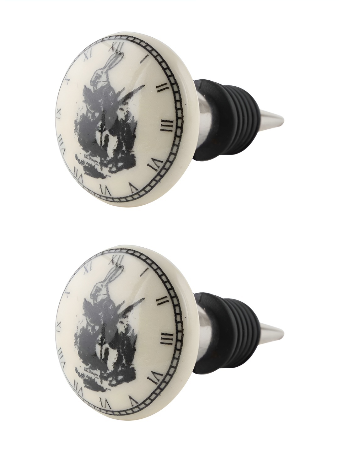 

Indianshelf Black 2 Pieces Rabbit Clock Printed Ceramic Wine Bottle Stoppers