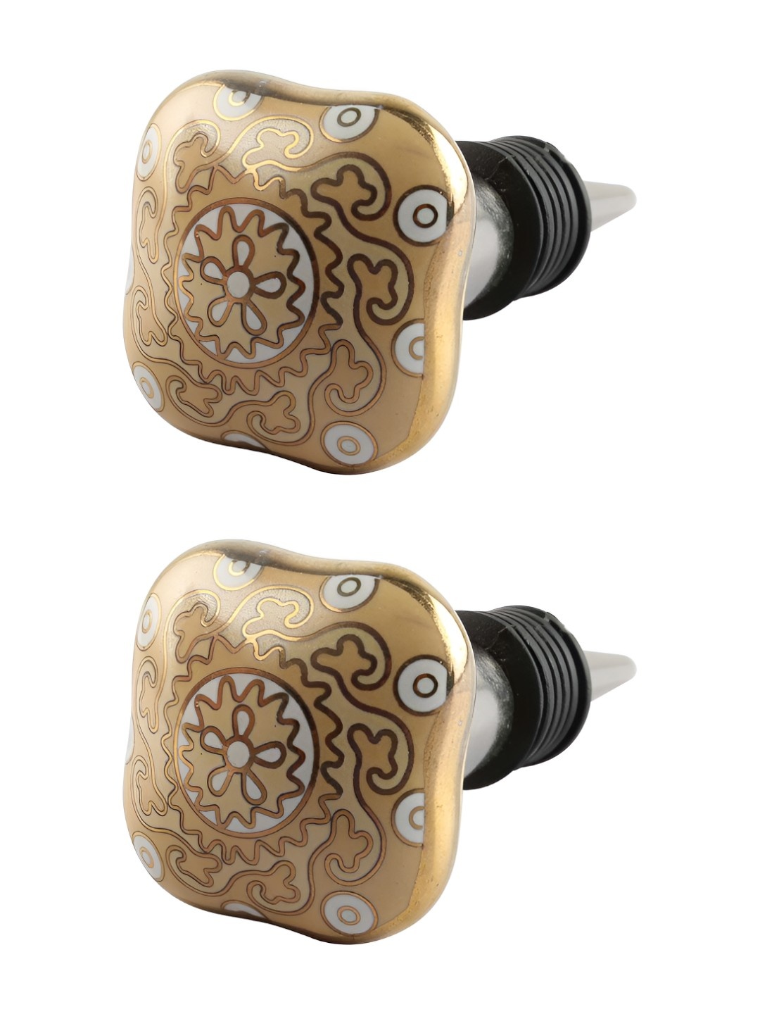 

Indianshelf Mustard & Gold Toned 2 Pieces Printed Ceramic Wine Bottle Stoppers