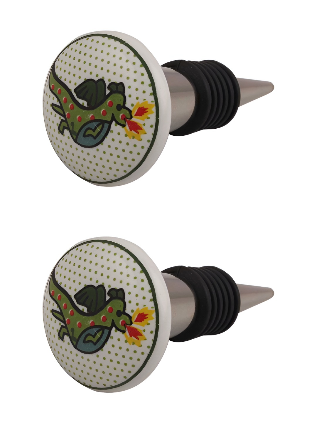 

Indianshelf White & Green 2 Pieces Dragon Printed Ceramic Wine Bottle Stoppers