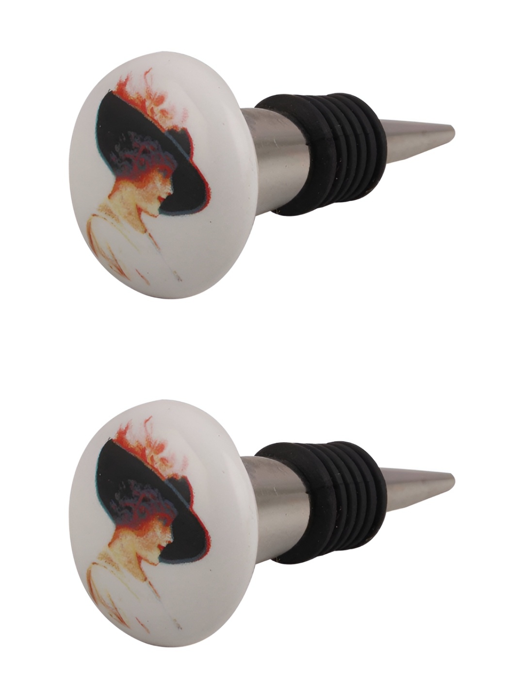 

Indianshelf White and Brown 2 Pieces Lady Printed Ceramic Wine Bottle Stoppers
