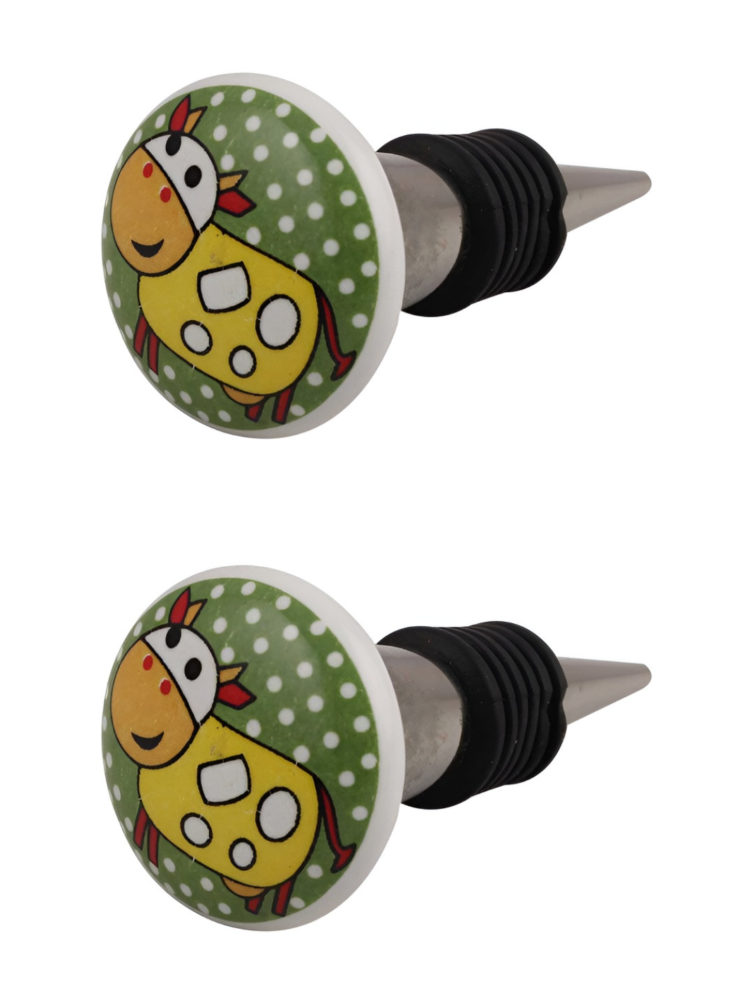 

Indianshelf White & Green 2 Pieces Cow Printed Ceramic Wine Bottle Stoppers