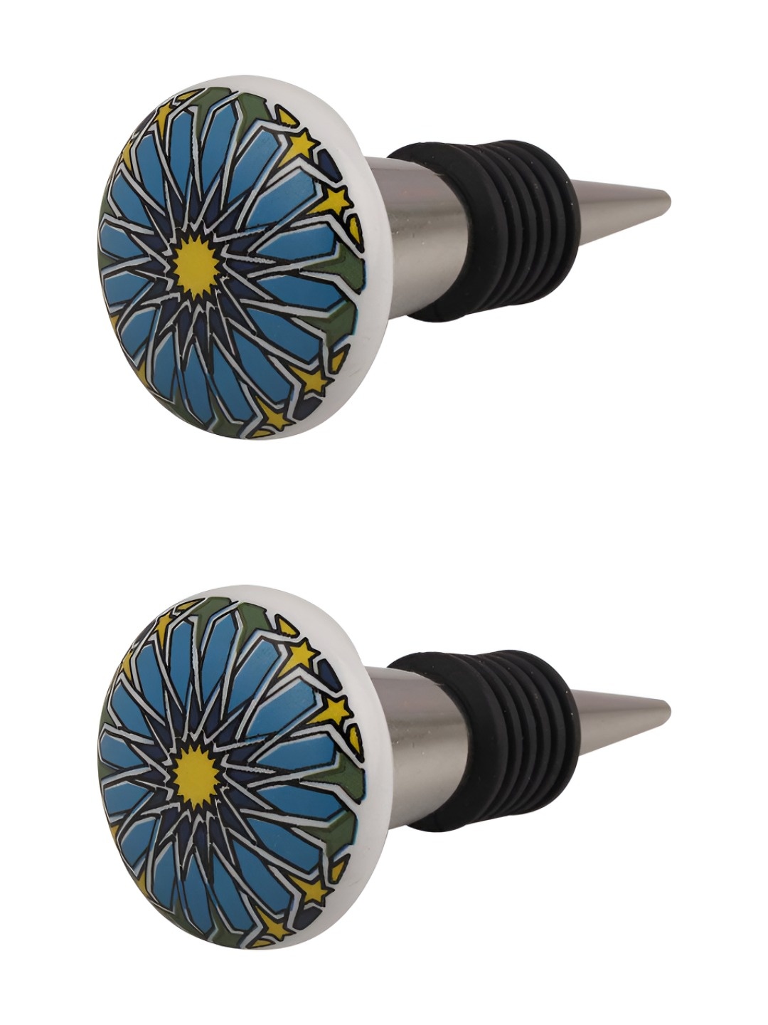 

Indianshelf Turquoise Blue & Yellow 2 Pieces Printed Ceramic Wine Bottle Stopper