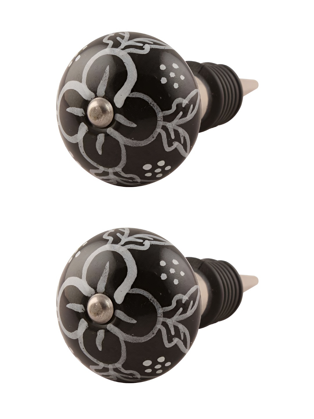 Indianshelf Black & Grey 2 Pieces Floral Printed Ceramic Wine Bottle Stoppers