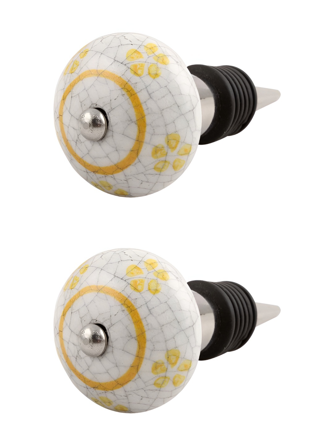 Indianshelf White & Yellow 2 Pieces Floral Printed Ceramic Wine Bottle Stoppers