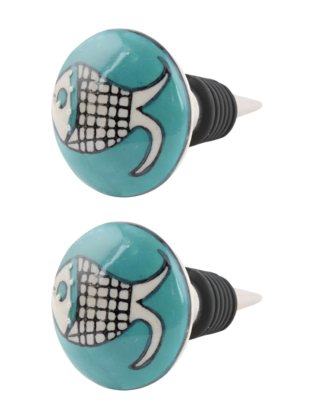 

Indianshelf Blue & Black 2 Pieces Fish Flat Printed Ceramic Wine Bottle Stoppers