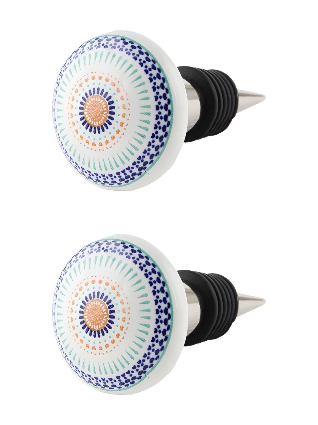 

Indianshelf White & Blue 2 Pieces Wheel Flat Printed Ceramic Wine Bottle Stoppers