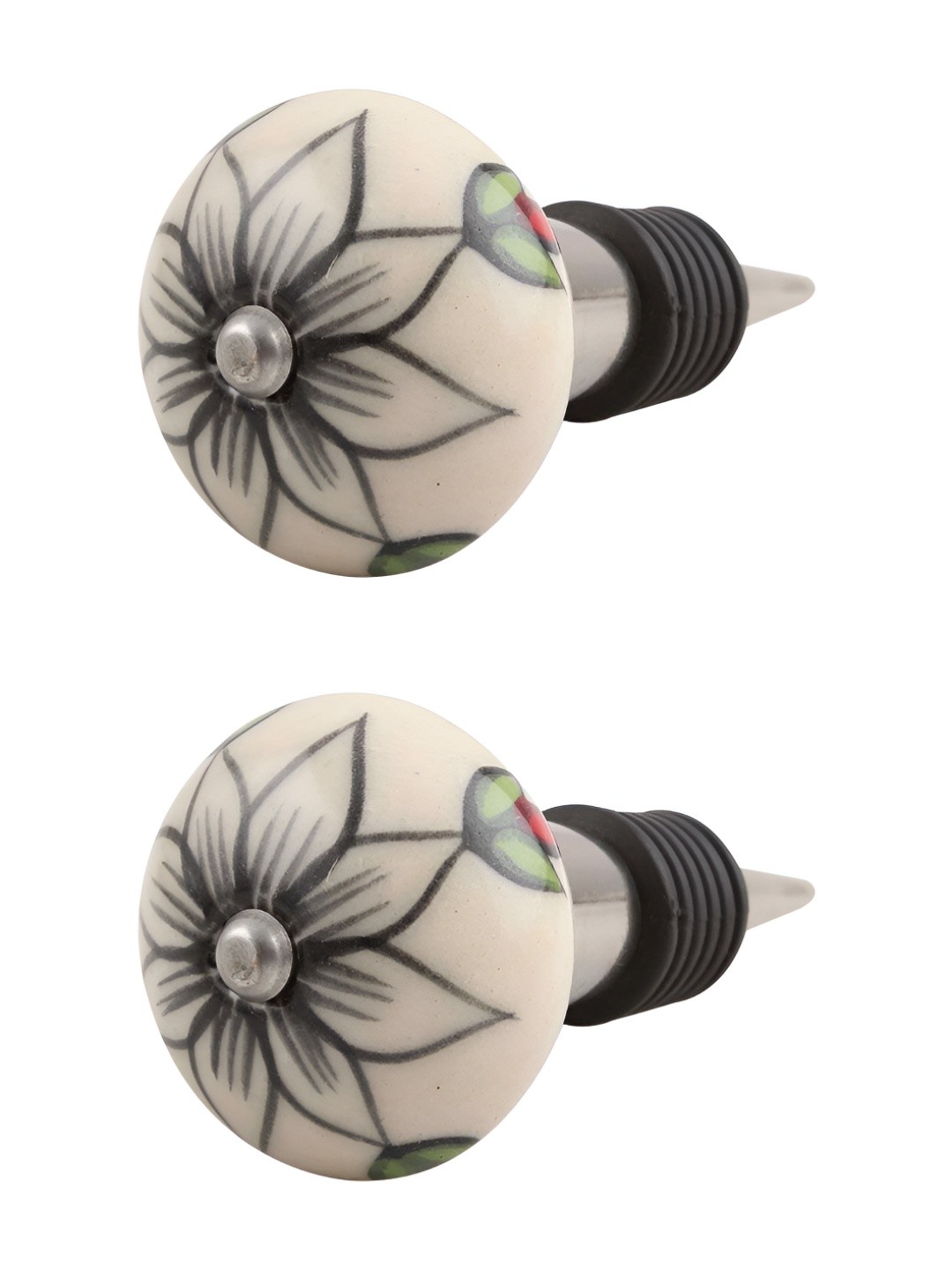 

Indianshelf Cream Colored & Green 2 Pieces Floral Printed Ceramic Wine Bottle Stoppers