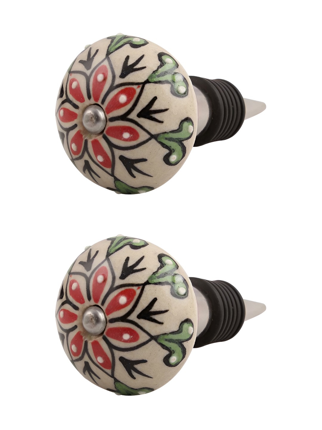 

Indianshelf Beige & Red 2 Pieces Printed Ceramic Wine Bottle Stopper