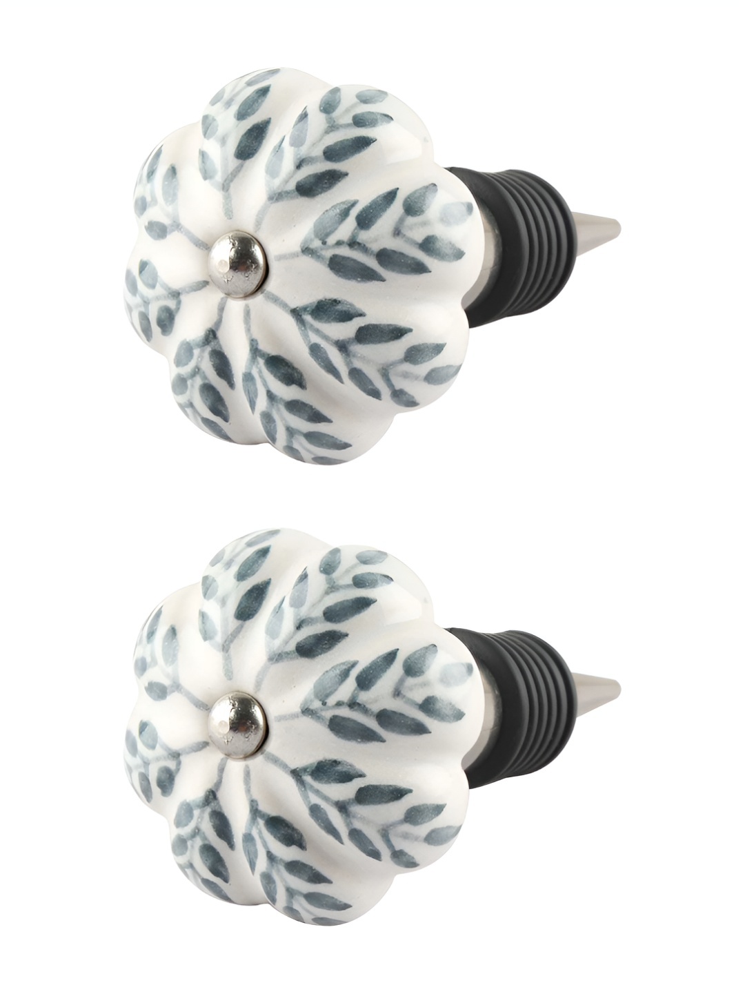 

Indianshelf Grey 2 Pieces Airtight Leaf Floral Printed Ceramic Wine Bottle Stoppers