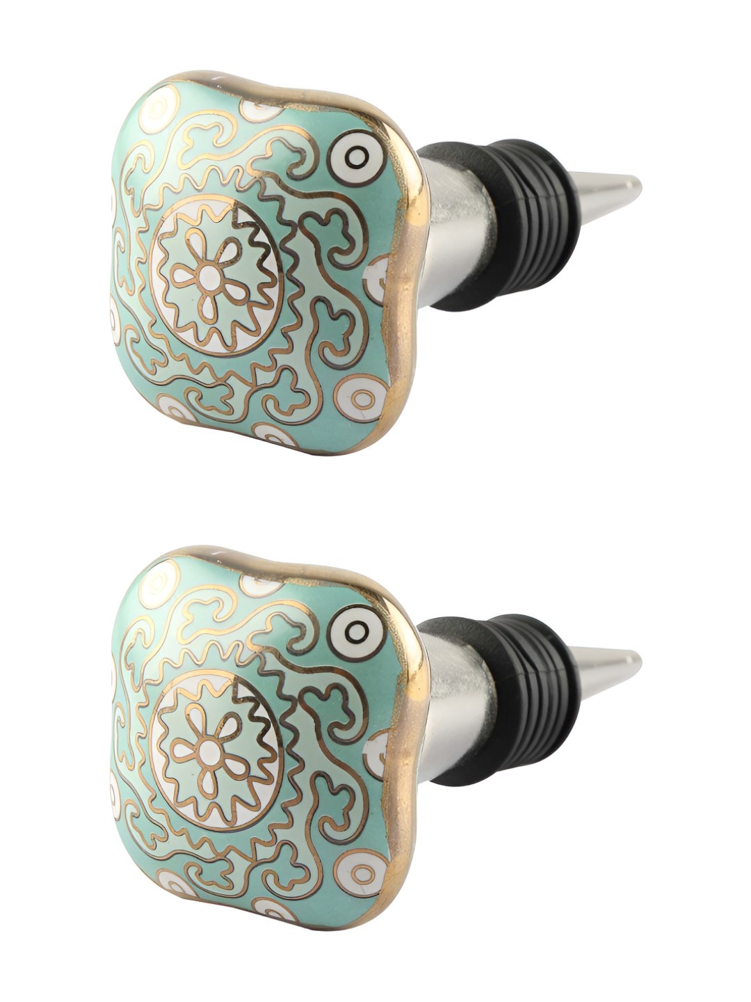 

Indianshelf Fauna Green 2 Pieces Ceramic Printed Square Shaped Metal Wine Bottle Stoppers