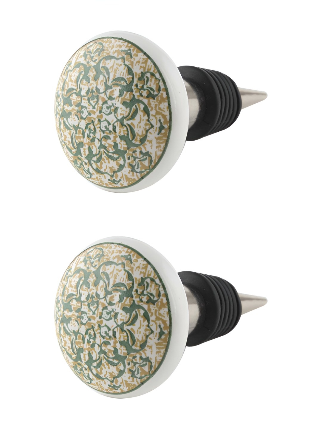 

Indianshelf Green and White 2 Pieces Floral Printed Ceramic Wine Bottle Stoppers