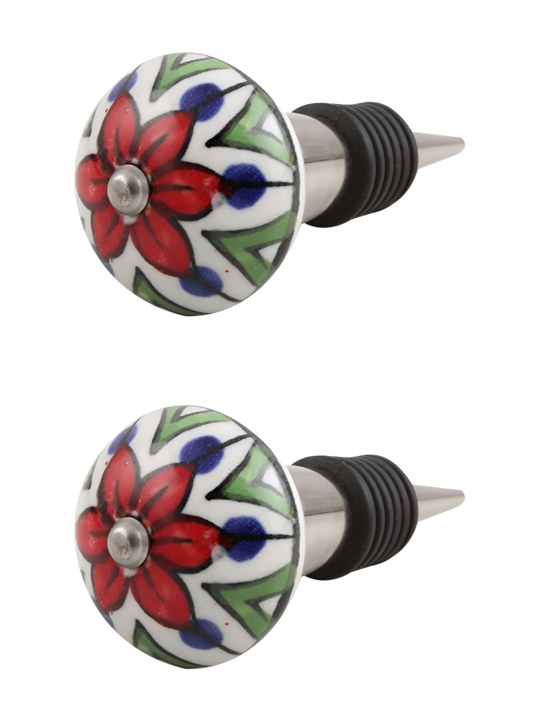 

Indianshelf White & Red 2 Piece Floral Printed Metal Wine Bottle Stoppers