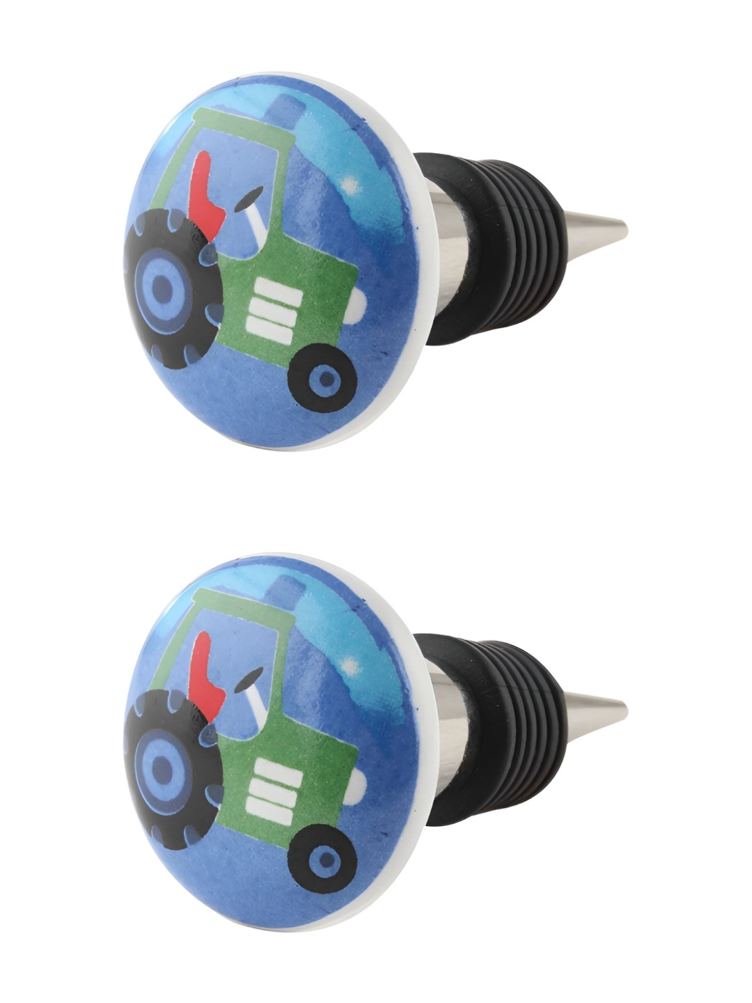 

Indianshelf Blue & White 2 Pieces Tractor Flat Printed Ceramic Wine Bottle Stoppers