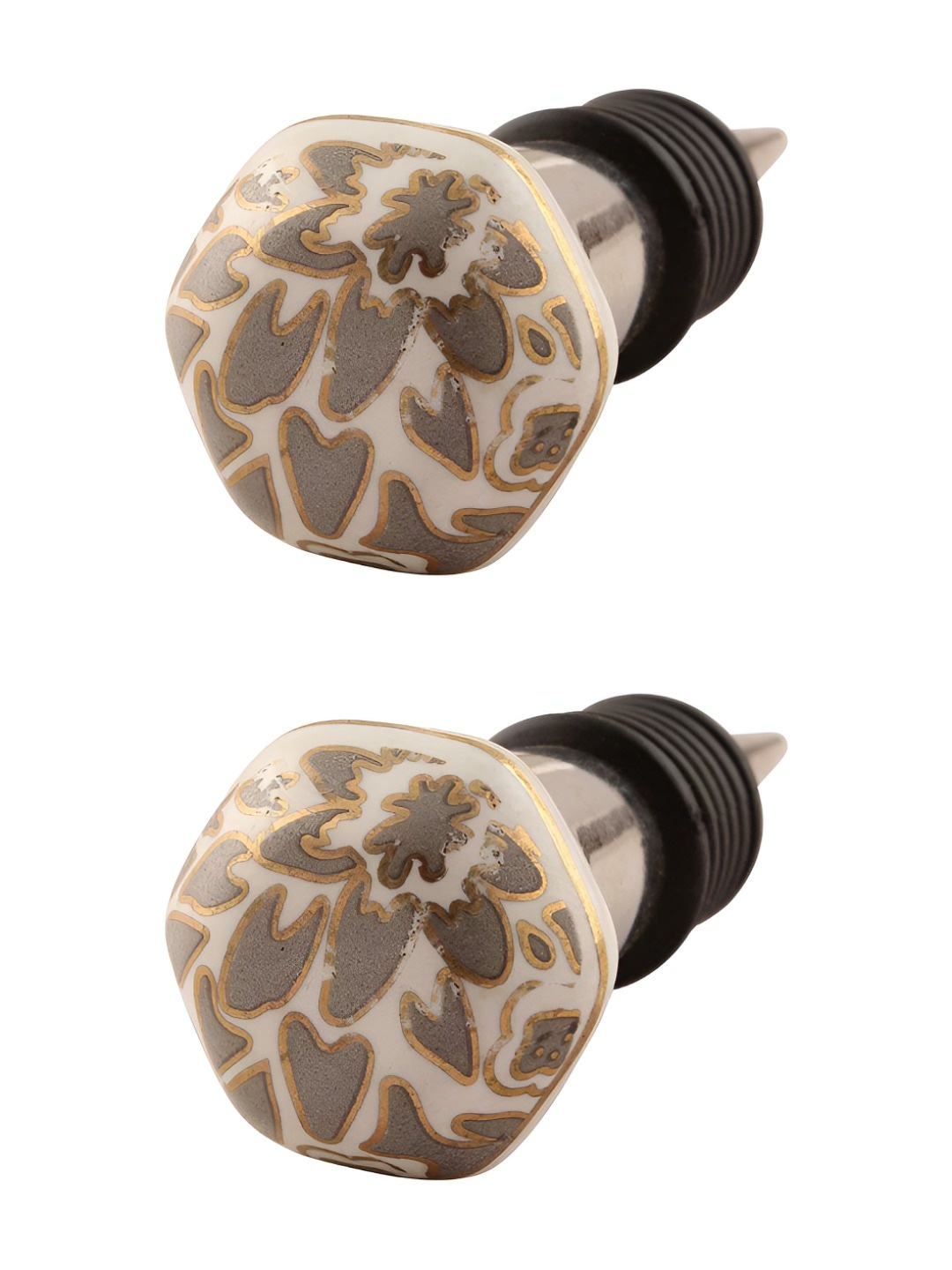 

Indianshelf Grey & Gold-Toned 2 Pieces Printed Ceramic Wine Bottle Stoppers