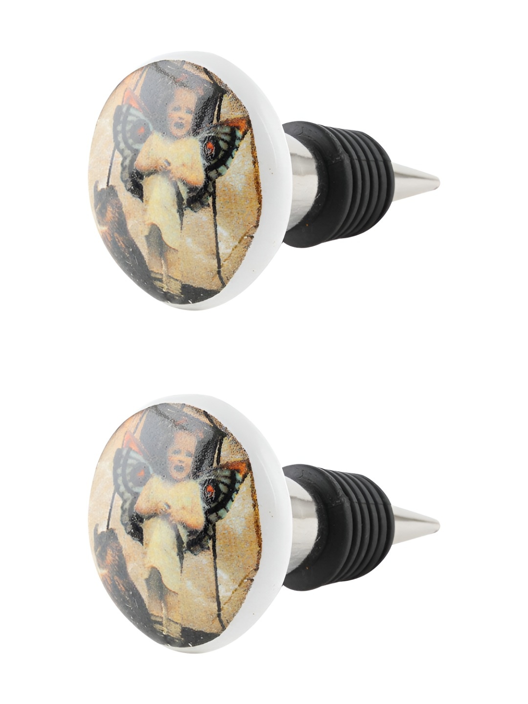 

Indianshelf Beige & Black 2 Pieces Angel Baby Printed Ceramic Wine Bottle Stoppers