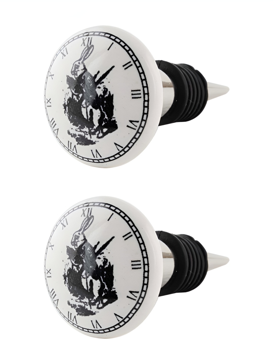 

Indianshelf White & Black 2 Pieces Rabbit Clock Printed Ceramic Wine Bottle Stoppers