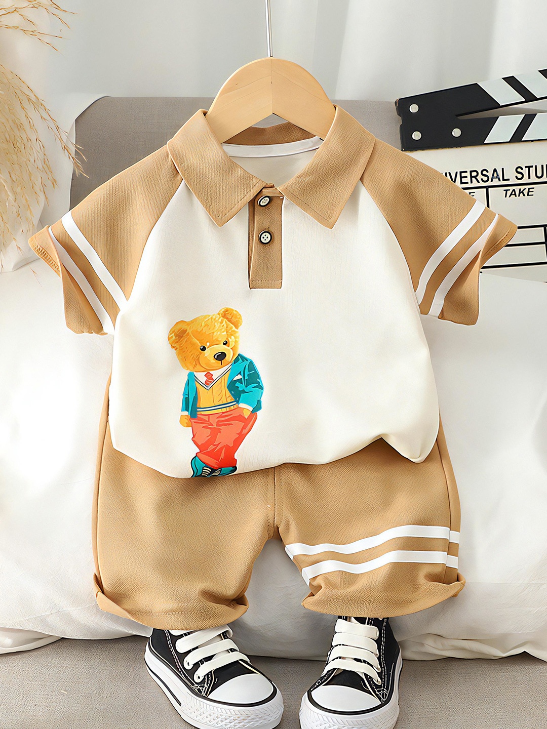 

BAESD Kids Teddy Bear Printed Polo Collar Pure Cotton T-shirt With Shorts, Beige