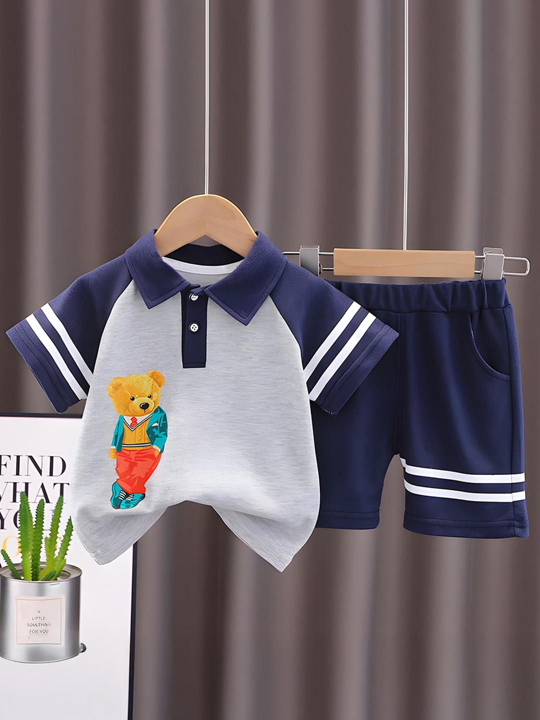 

BAESD Kids Teddy Bear Printed Pure Cotton T-Shirt With Shorts, Navy blue