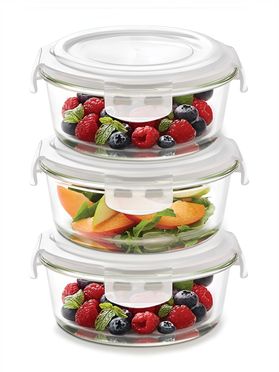 

BOROSIL Klip N Store Transparent 3 Pieces Round Glass Container With Airtight Lid 620ml