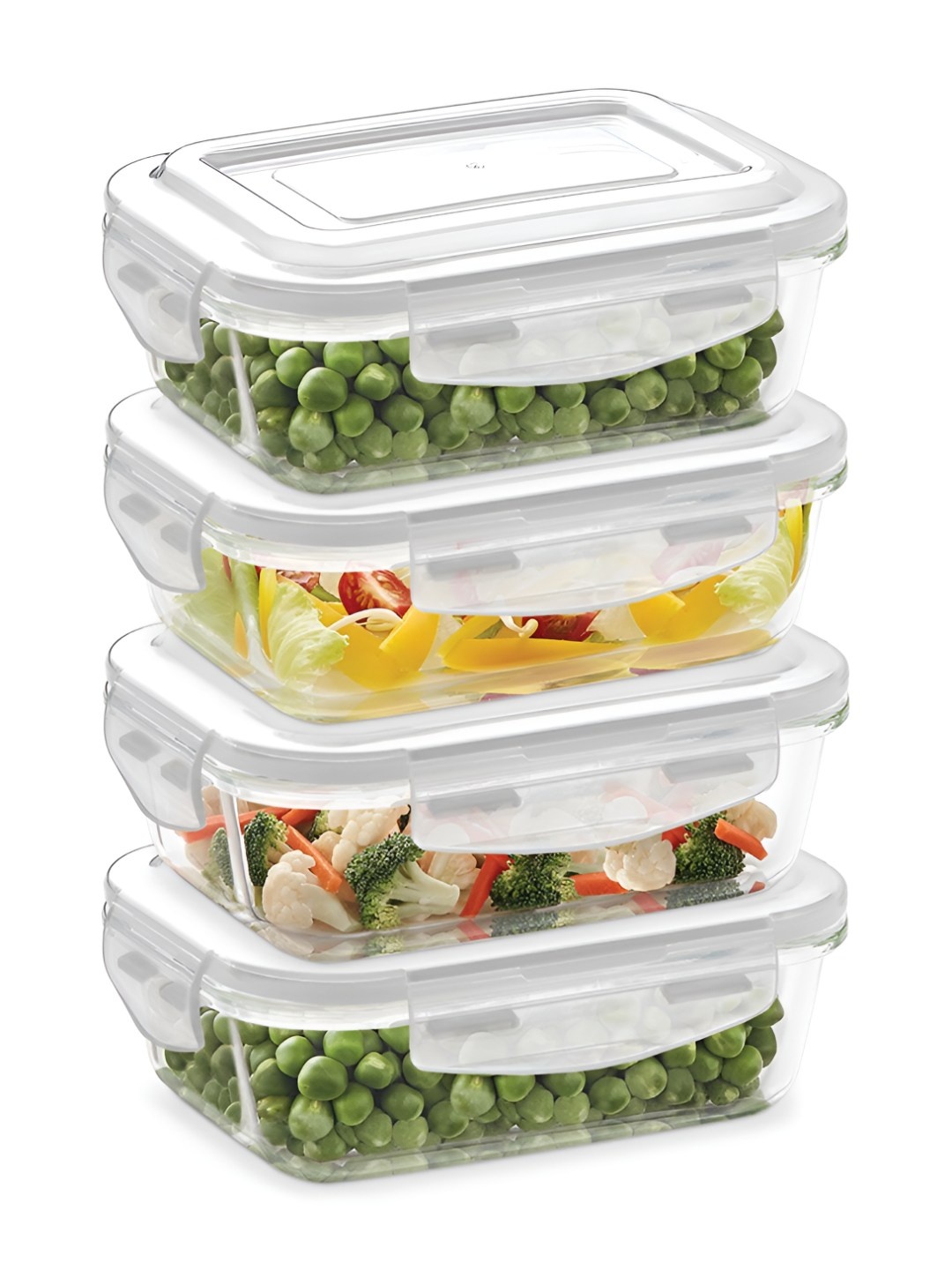 BOROSIL Klip N Store Transparent 4 Pieces Rectangular Glass Container With Airtight Lid